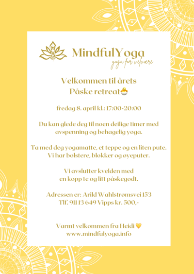 MindfulYoga Invitasjon til Påskeretreat 2022, gul ramme med drømmefanger