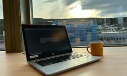 PC og kaffekopp ved vindu i Hadelandshagen