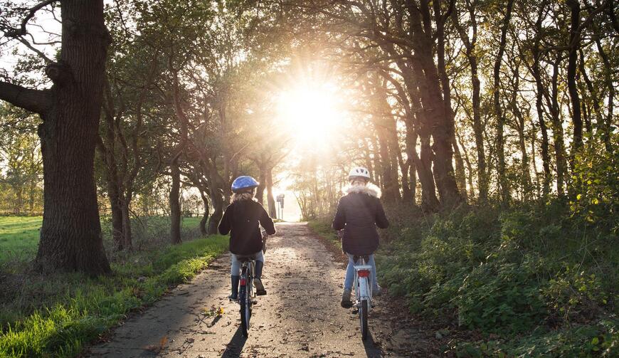 To barn sykler innover en veg, med trær på begge sider.