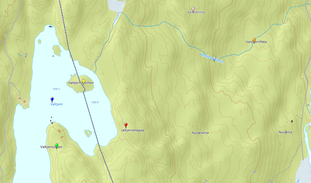 Utklipp av kart som viser Valtjern, Valtjernshøgda og noe av området rundt.