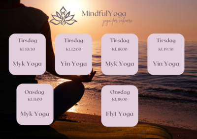 Yoga i solnedgang med timeplan for tirsdag og onsdag