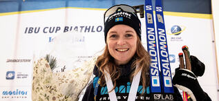 03.12.2022, Idre, Sweden (SWE):Mona  Brorsson, SWE happy over the third place today - IBU Cup Biathlon, individual women, Idre (SWE). www.biathlonworld.com © Danielsson/IBU. Handout picture by the International Biathlon Union. For editorial use only. Re