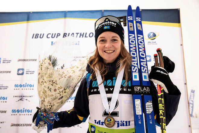 03.12.2022, Idre, Sweden (SWE):Mona  Brorsson, SWE happy over the third place today - IBU Cup Biathlon, individual women, Idre (SWE). www.biathlonworld.com © Danielsson/IBU. Handout picture by the International Biathlon Union. For editorial use only. Re