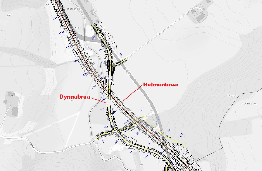 Kart som viser hvor Holmenbrua er plasser på riksveg 4 sør for Gran.