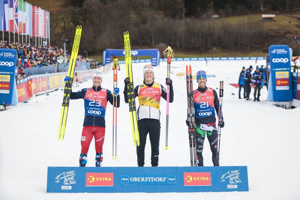04.01.2023, Oberstdorf, Germany (GER):Sindre Bjoernestad Skar (NOR), Johannes Hoesflot Klaebo (NOR), Federico Pellegrino (ITA), (l-r)  - FIS world cup cross-country, tour de ski, pursuit, Oberstdorf (GER). www.nordicfocus.com. © Modica/NordicFocus. Ever