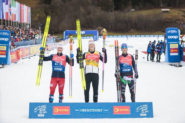 04.01.2023, Oberstdorf, Germany (GER):Sindre Bjoernestad Skar (NOR), Johannes Hoesflot Klaebo (NOR), Federico Pellegrino (ITA), (l-r)  - FIS world cup cross-country, tour de ski, pursuit, Oberstdorf (GER). www.nordicfocus.com. © Modica/NordicFocus. Ever