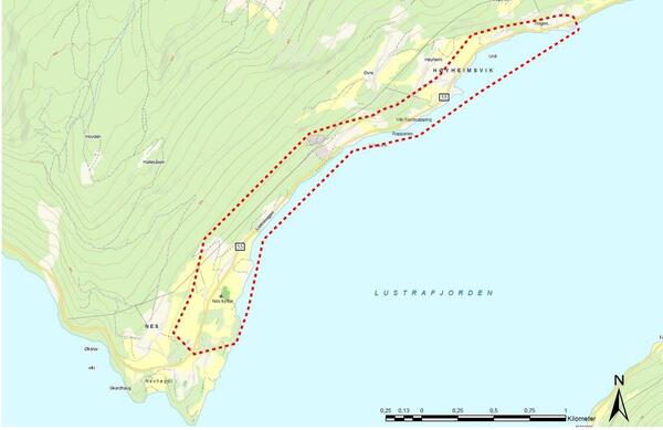 Kart med planavgrensing Fv 55 Høyheimsvik-Nes. Planen skal leggja til rette for utbetring av vegstrekningen.