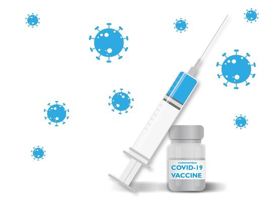 Illustrasjonstegning som viser sprøyte og glass med covid-vaksine
