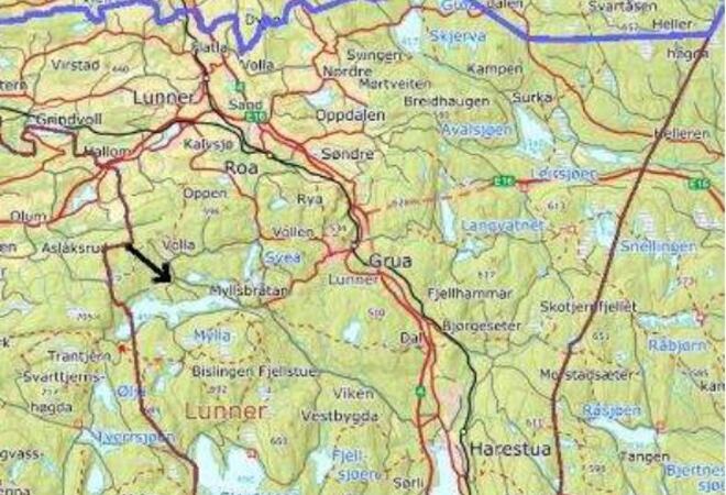 Kartutsnitt som viser beliggenhet for Brattvoll gård