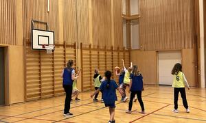 Elever som spiller basketball i gymsalen på Lunner barneskole
