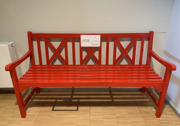Røde Kors benken er ment å oppmuntre til å sette seg ned til en prat. Dette for å dempe ensomhetsfølelsen og for å se hverandre. (Foto: Dagrunn Grønbech)