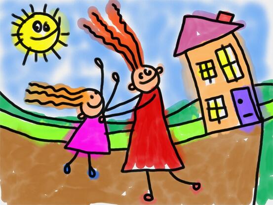Tegning i glade farger som viser barn som holder en voksen i hånden med et hus i bakgrunnen