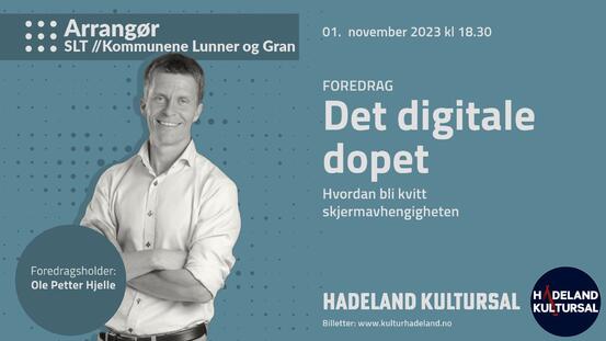 Plakat med bilde av foredragsholder Hjelle, tidspunkt og sted for foredraget.