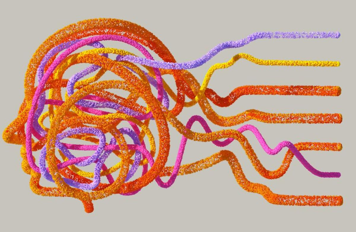 Datagenerert og stilisert hode sett fra siden bestående av fargede tykke bølgede streker