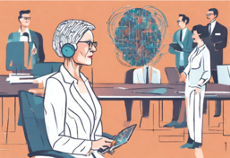 KI-bilde generert i Canva (Magic Studio™) med ledeteksten: Kvinnelig administrerende direktør snakker til et forskningsråd om kunstig intelligens.