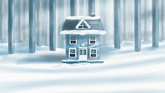Illustrasjon av hus med trær rundt i isblått