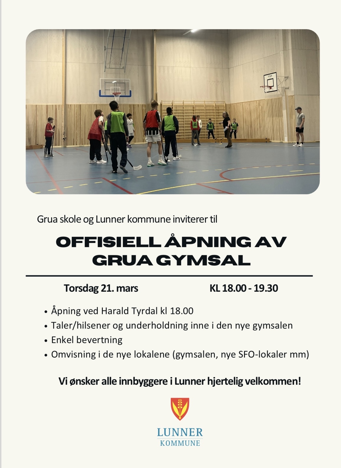 Invitasjon til åpning av Grua gymsal 21. mars