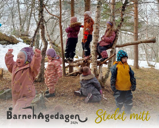 Bilde med barn som leker i skogen