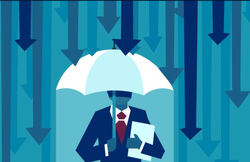 Tegnet mann med blå dressjakke, hvit skjorte, burgunderrødt slips, ark/mappe under venstre arm, oppslått paraply i høyre hånd. Det regner piler ned mot ham. Fargene er i forskjellige blåtoner med lyseblå bakgrunn.