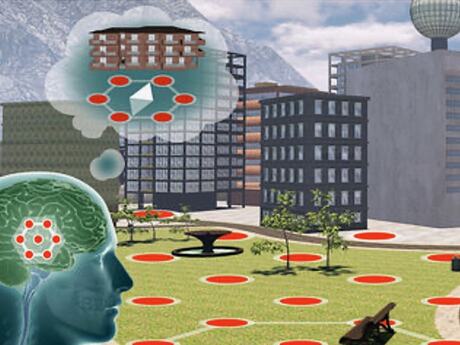 Illustrasjon med hode der hjernen synes og bygninger