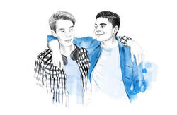 Tegning av to gutter som holder over hverandres skuldre