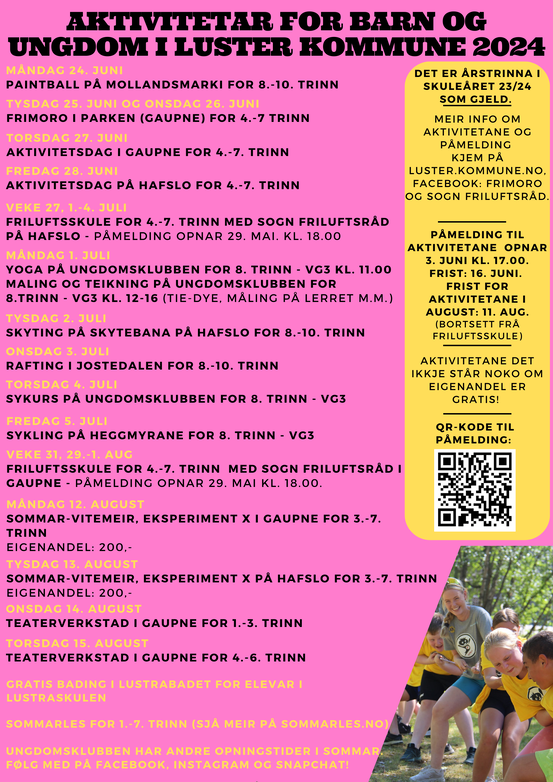 Plakat med liste over sommaraktivitetar