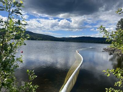 Bilde av Harstuavannet tatt fra Gråmerra med hvit siltgardin som ligger som en strek i vannet.