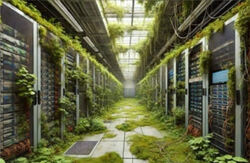 Datarom der det vokser mange grønne planter inne fra glasstaket, veggene og gulvet