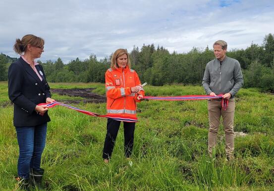 Representant fra Birdlife og vegvesenet og ordfører holder snor som klippes foran vipeparken