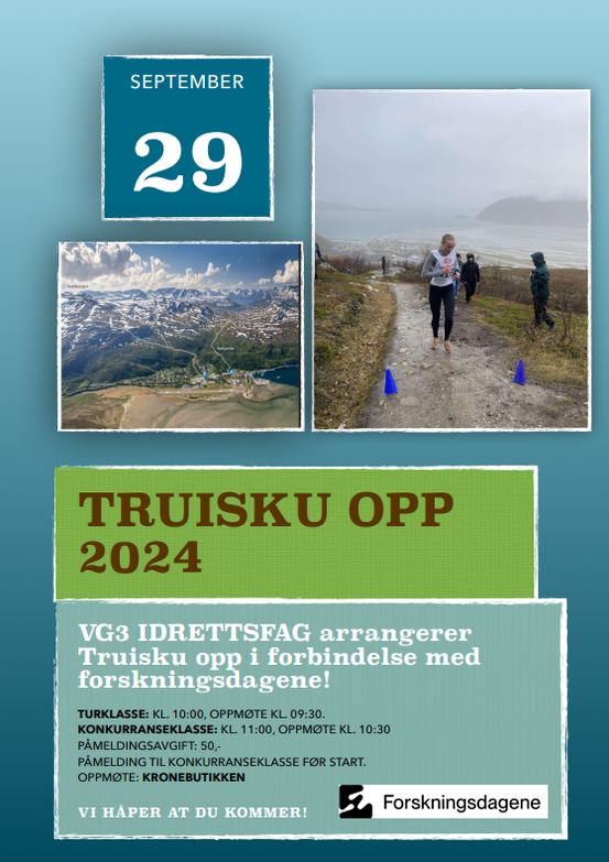 Plakat - Truisku opp 2024. Viser oversiktbilde over Sørkjosen og en jente som løper opp Truisku.