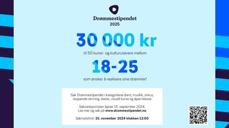 Drømmestipendet 2025. 30 000 kr til 50 kunst- og kulturutøvere mellom 18-25 som ønsker å realisere sine drømmer! Søk Drømmestipendet i kategoriene dans, musikk, sirkus, skapende skriving, teater, visuell kunst og åpen klasse. Søknadsportalen åpn