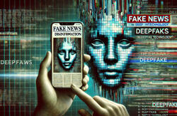 Illustrasjon som viser konseptene fake news, desinformasjon og deepfake-teknologi, med en forvrengt og manipulerende stemning som reflekterer farene i den digitale tidsalderen.