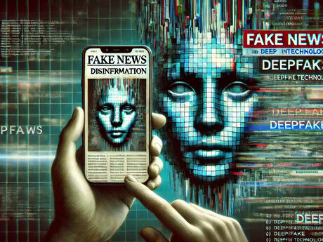 Illustrasjon som viser konseptene fake news, desinformasjon og deepfake-teknologi, med en forvrengt og manipulerende stemning som reflekterer farene i den digitale tidsalderen.