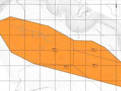 Bilde av plankart. Dagens område dekkar SBA1, og framtidige områder er SBA2-4.