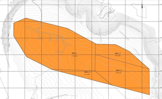 Bilde av plankart. Dagens område dekkar SBA1, og framtidige områder er SBA2-4.