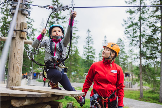 Bildet viser et barn og en voksen som har på seg sikkerhetsutstyr og er i en klatrepark