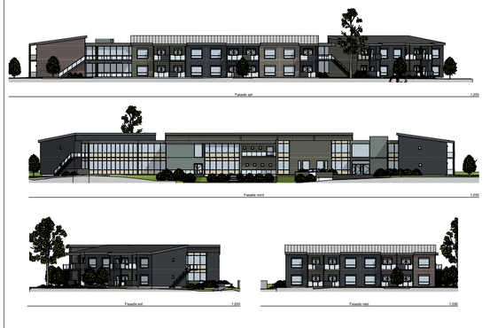 Bildet viser fire ulike fasadetegninger av et toetasjes bygg, muligens et helsesenter eller omsorgsboliger, sett fra sør, nord, øst og vest. Bygget har et moderne, rektangulært design med flatt tak og består av forskjellige deler som varierer i høyde og bredde. Det er inkludert store vinduspartier i flere av fasadene, noe som gir bygget et lyst og åpent preg. Vegetasjon, som trær og busker, er plassert rundt bygget, som gir en integrasjon med naturlige omgivelser.