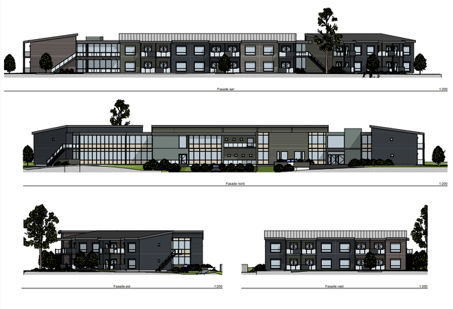 Bildet viser fire ulike fasadetegninger av et toetasjes bygg, muligens et helsesenter eller omsorgsboliger, sett fra sør, nord, øst og vest. Bygget har et moderne, rektangulært design med flatt tak og består av forskjellige deler som varierer i høyde og bredde. Det er inkludert store vinduspartier i flere av fasadene, noe som gir bygget et lyst og åpent preg. Vegetasjon, som trær og busker, er plassert rundt bygget, som gir en integrasjon med naturlige omgivelser.