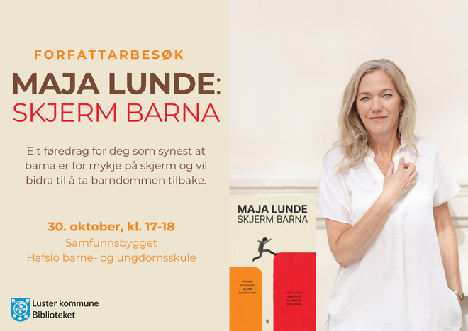 bilde av Maja Lunde og info om føredraget 30. oktober kl 17-18