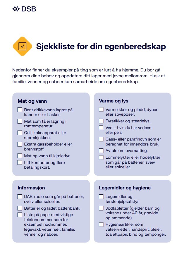 Sjekkliste for egenberedskap. Listen finnes også på nettsidene til sikkerhverdag.no