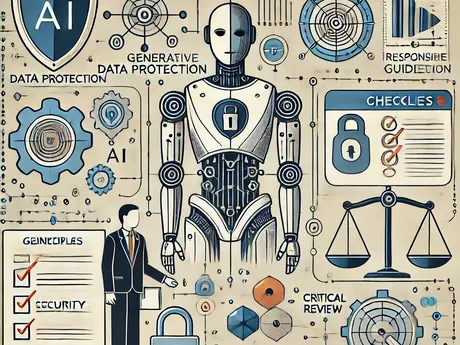 en illustrasjon som representerer prinsippene for generell AI-politikk ved bruk av generative AI-tjenester, med vekt på datasikkerhet, ansvarlig bruk og samarbeid mellom mennesker og teknologi.