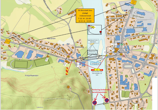 Bildet viser et situasjonskart over deler av Storslett når Storslett bru skal flyttes.