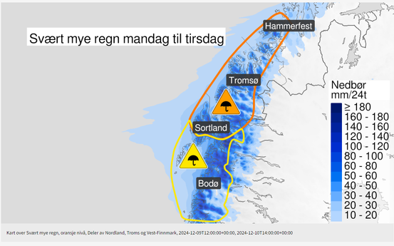 Meterologisk varslingskart som viser store nedbørsmengder i sør-troms