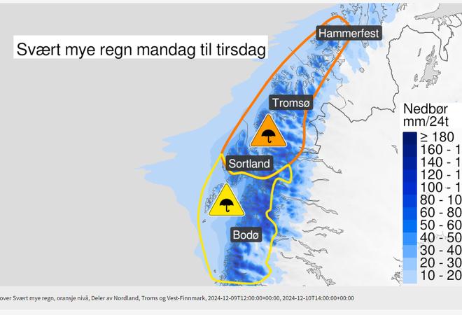 Meterologisk varslingskart som viser store nedbørsmengder i sør-troms