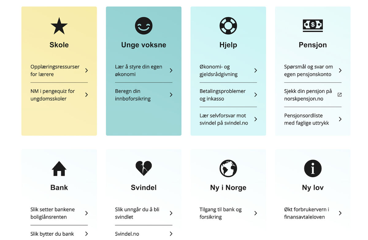 Klipp fra Finans Norges nettside om forbrukerøkonomi, med temasider for skole, unge voksne, hjelp til økonomi- og gjeldsrådgivning, pensjon etc.