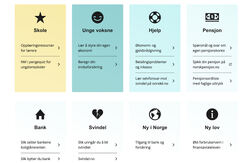Klipp fra Finans Norges nettside om forbrukerøkonomi, med temasider for skole, unge voksne, hjelp til økonomi- og gjeldsrådgivning, pensjon etc.