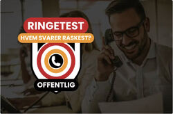 bilder viser symbolet/logoen og teksten for avisens ringetest, og med en smilende mann i telefonen i bakgrunnsbildet, duset ut.