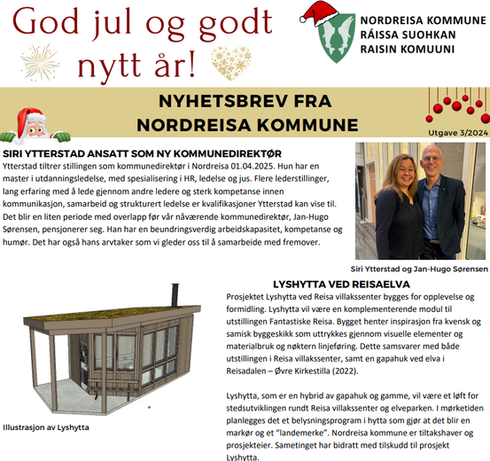 Bildet viser et utklipp av nyhetsbrevet. Her står det blant annet god jul og godt nytt år. Det er bilde av nåværende kommunedirektør og kommende kommunedirektør. I tillegg er det litt informasjon om lyshytta ved Halti.