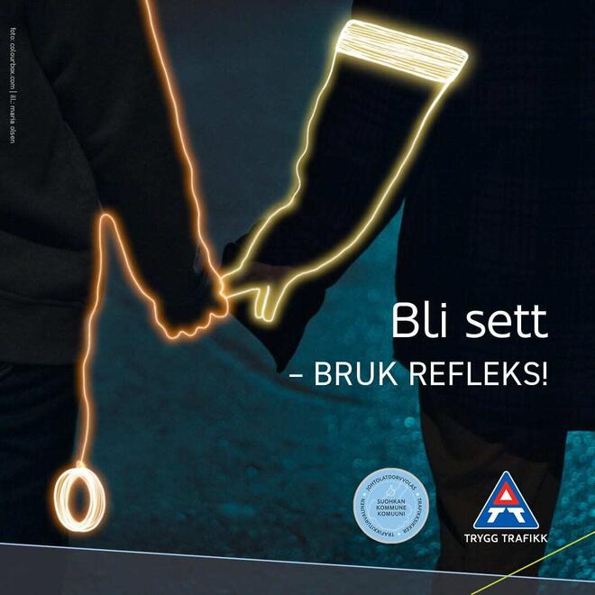 Bilde av to som holder hender, med tekst bruk refleks