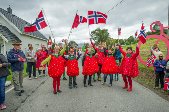 Bilde av glade Kvæfjoærdinger utkledt i jordbærkostymer. Foto: Trym Ivar Bergsmo